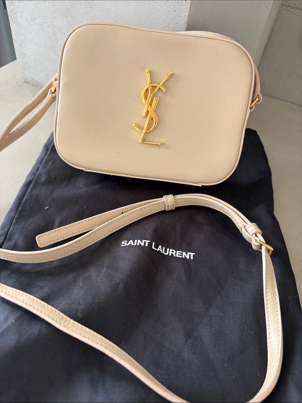 Saint Laurent Cream Pebbled Leather Camera Bag with Gold YSL Emblem